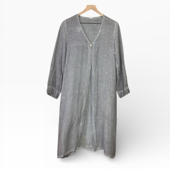 Dolma Gray Linen Tunic Duster Lagenlook Minimalist Oversized Artsy Long Top M-L - Picture 3 of 12